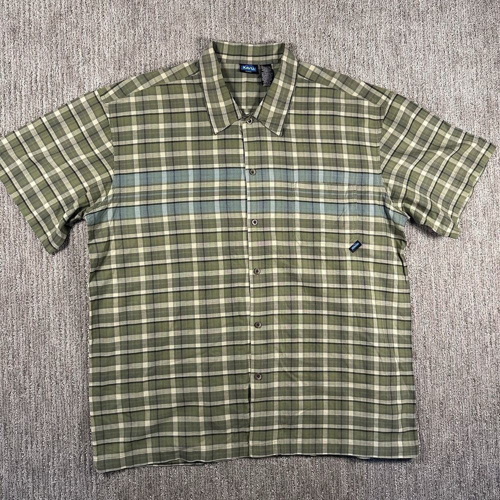KAVU Welland Short‎ Sleeve Button Up Shirt Men's XL Green Blue Plaid Check